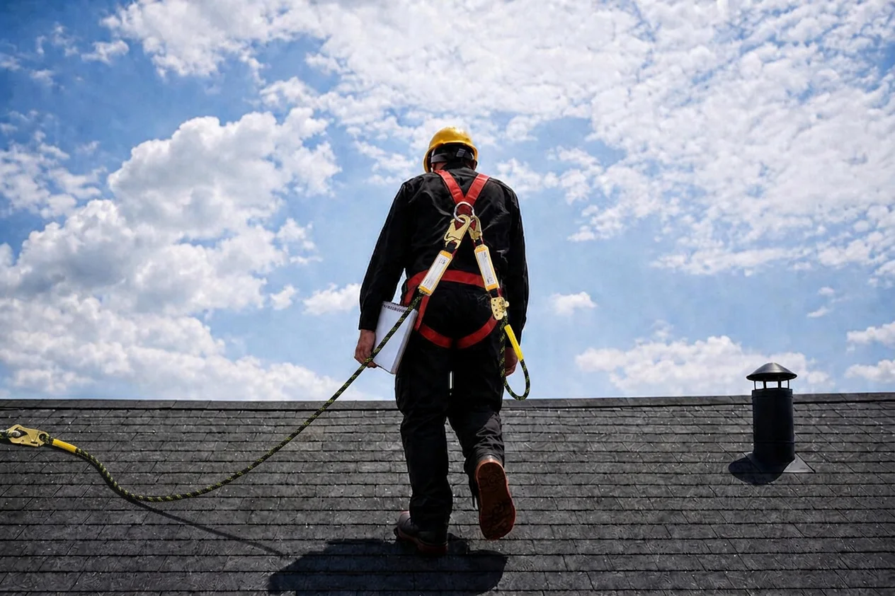 homme sur une toiture faisant une inspection de toit